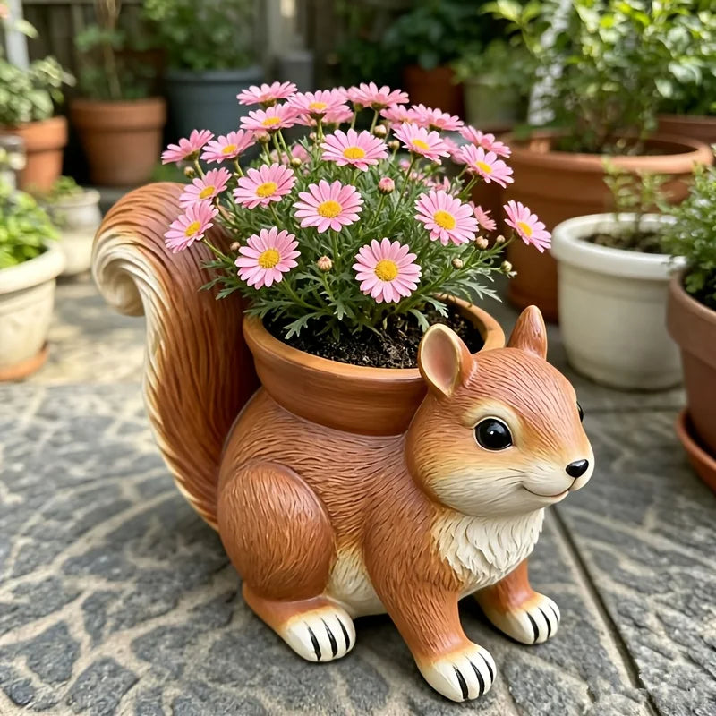 pot fleurs forme écureuil marron fleurs décor animalier extérieur jardins balcon