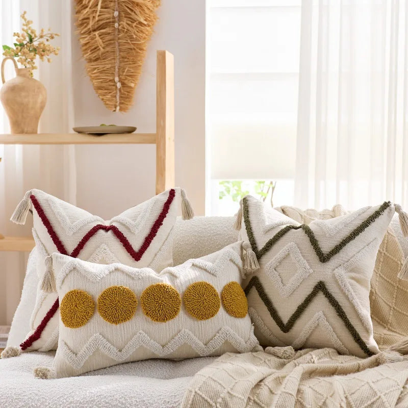 housses coussins chenille géométriques boho chic beige franges adhésives décoration salon voiture 45x45cm 30x50cm