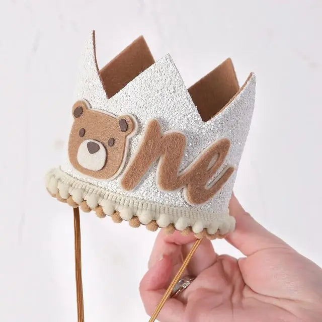 couronne enfantine ours glitter blanc pompons ruban anniversaire deco enfant marron clair festive