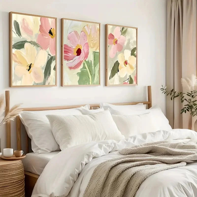 tableaux abstraits fleurs contemporains rose jaune vert toile sans cadre moderne