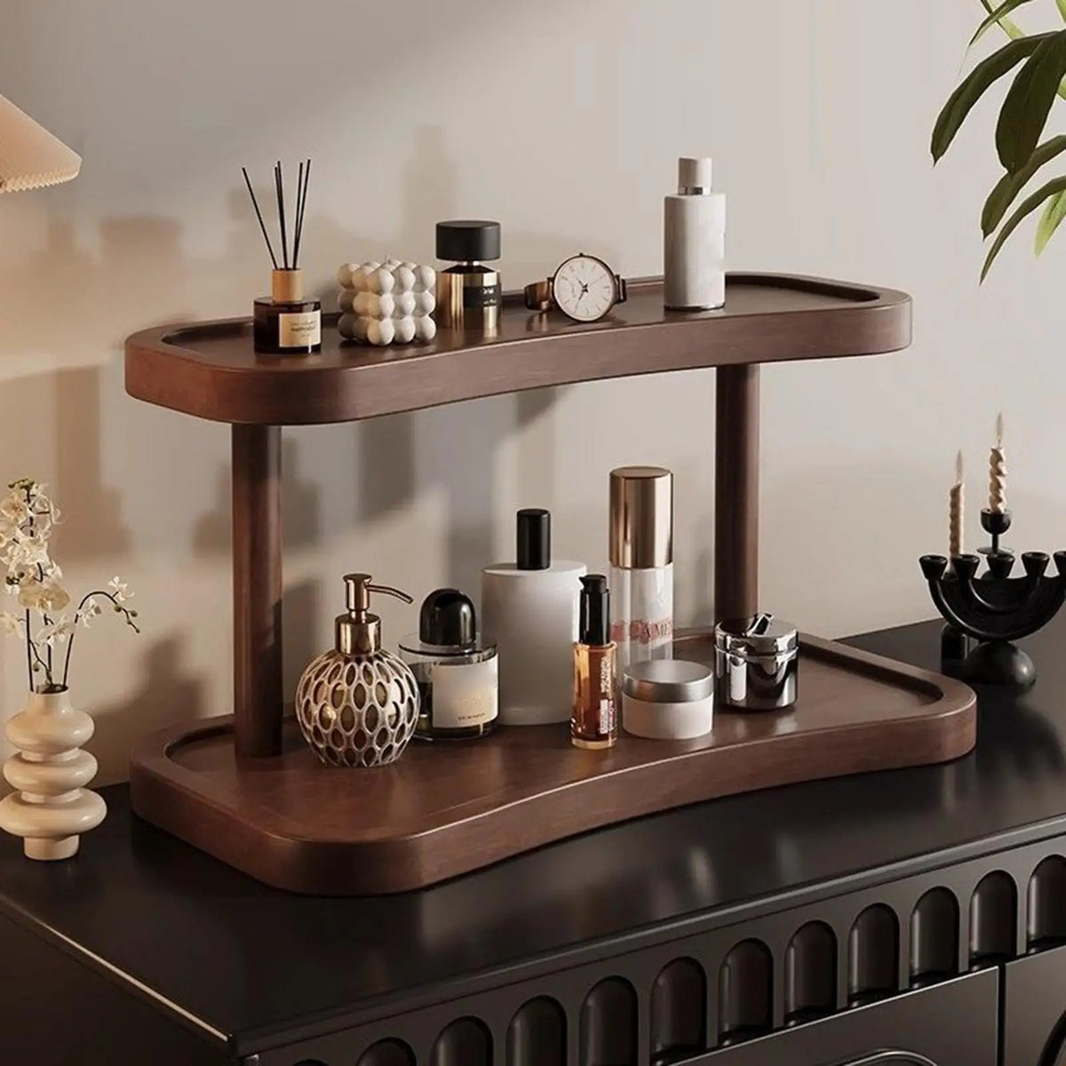 étagère bois deux niveaux moderne marron foncé mat horloge diffuseur huile essentielle pot crème