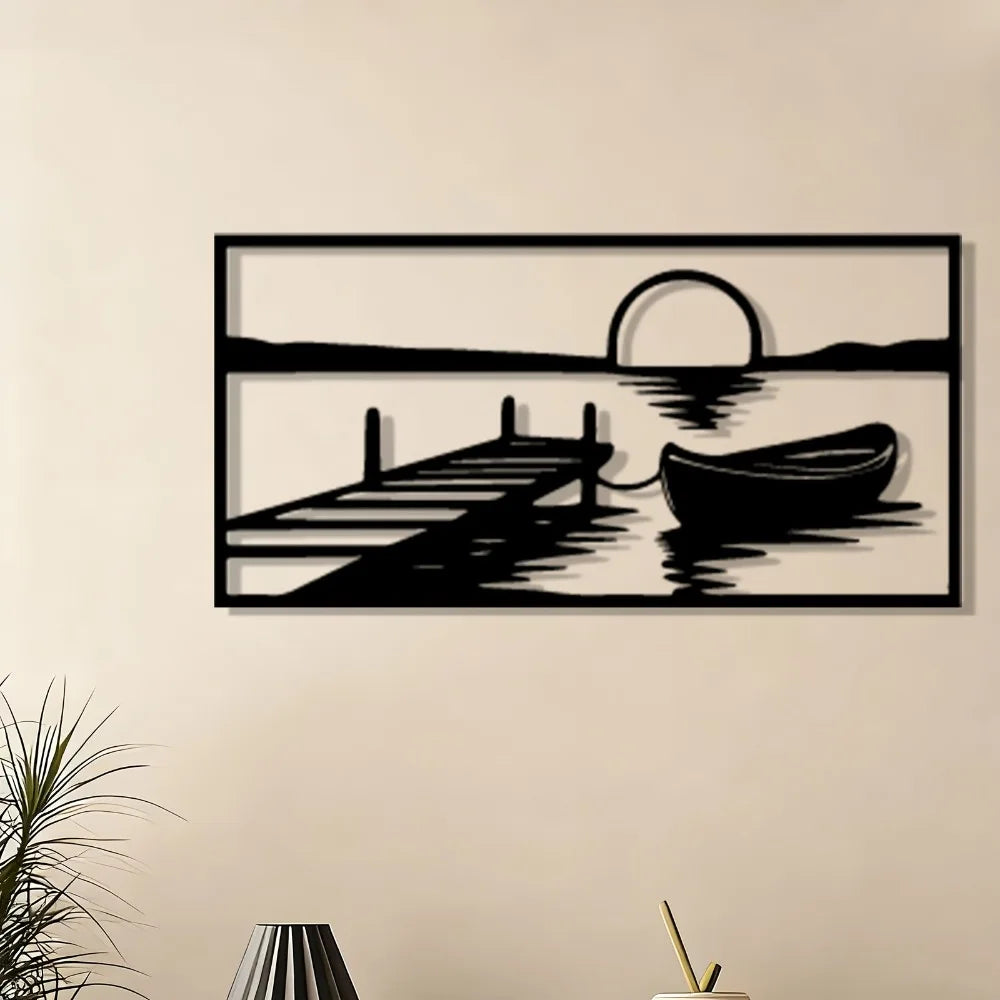 tableau mural paysage lac noir soleil couchant bateau quai minimaliste moderneintérieur décoration art marine