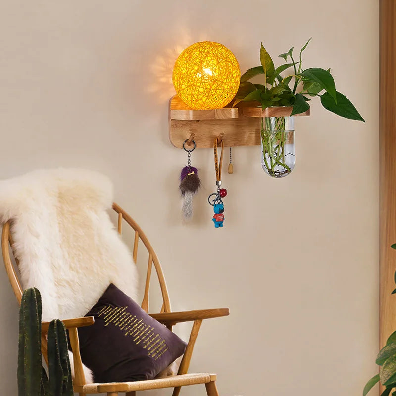 lampe murale scandinave bois naturel feuilles vertes plante boule lumineuse chaîne éclairage chambre salon