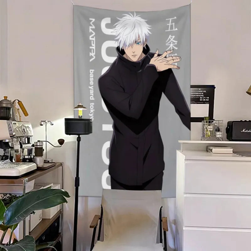 tapisserie murale anime gojo satoru décoration chambre salon tissu polyester blanc gris noir
