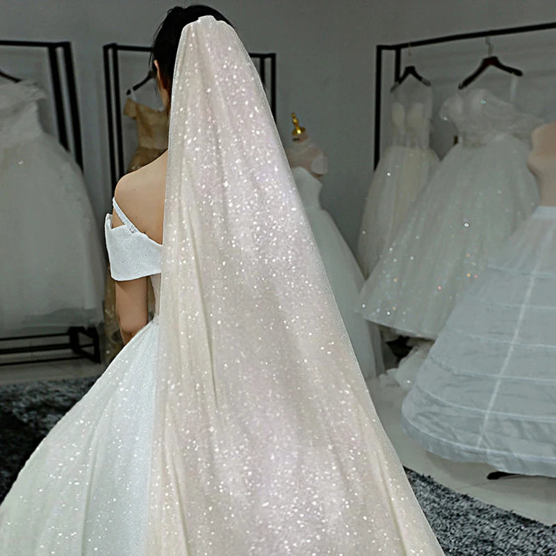 voile mariage blanc pailleté classique clips métalliques mariée longue traîne