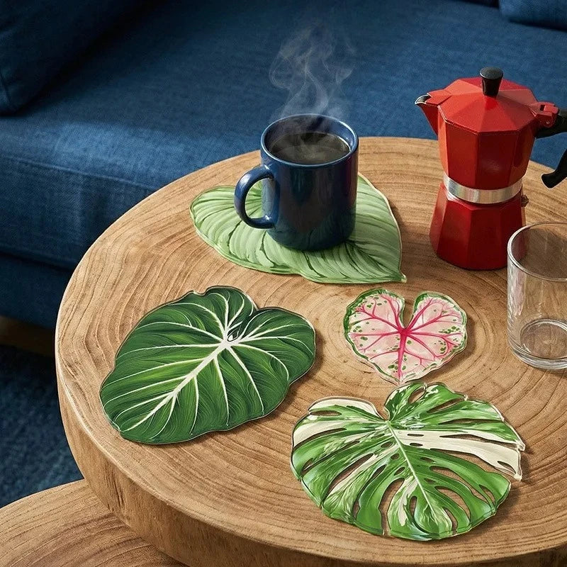 coasters feuilles tropicales vert rose blanc moderne respectueux environnement 12cm