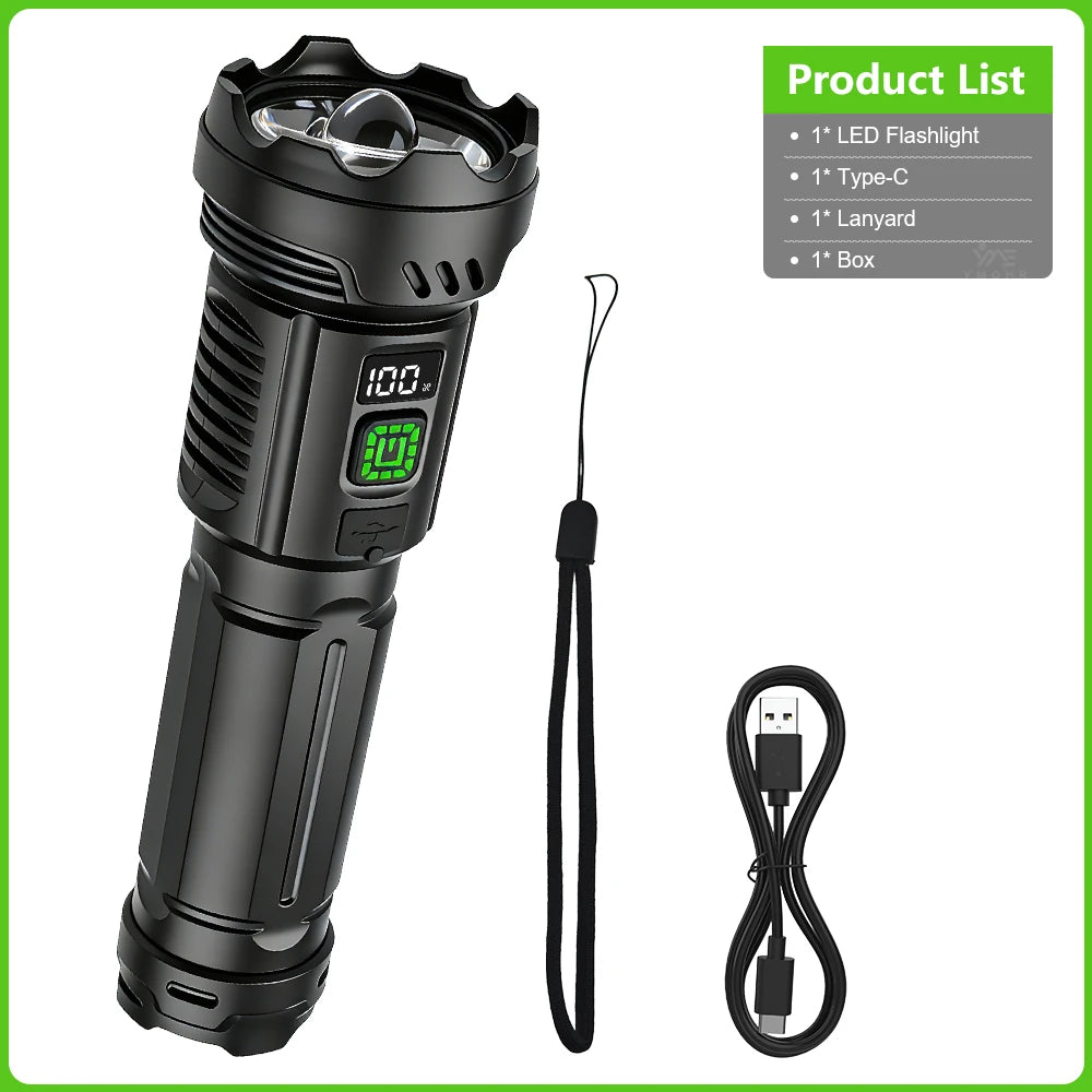 lampe torche rechargeable 300w led noire affichage numérique distance 50100mètres