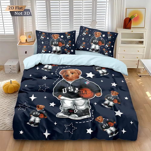 ensemble literie ours basket bleu marine blanc gris moderne taies d'oreiller housse couette imprimé