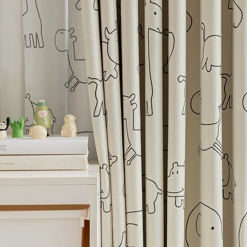 rideau moderne dessins animaux enfants translucide polyester beige anneaux métalliques chambre fille garçon