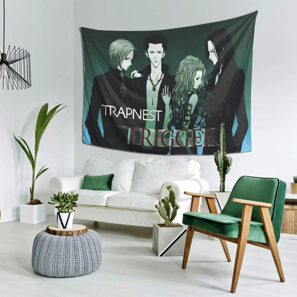 tapisserie murale anime trapnest trigger personnages rock japonais noir vert blanc illustration album musique