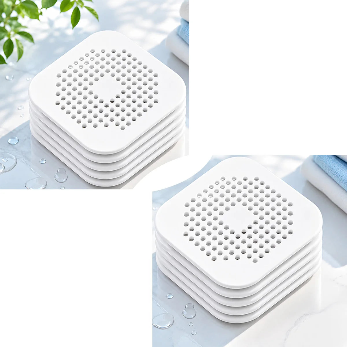 filtre bain réutilisable perforations géométriques adhésif blanc gris moderne respectueux environnement