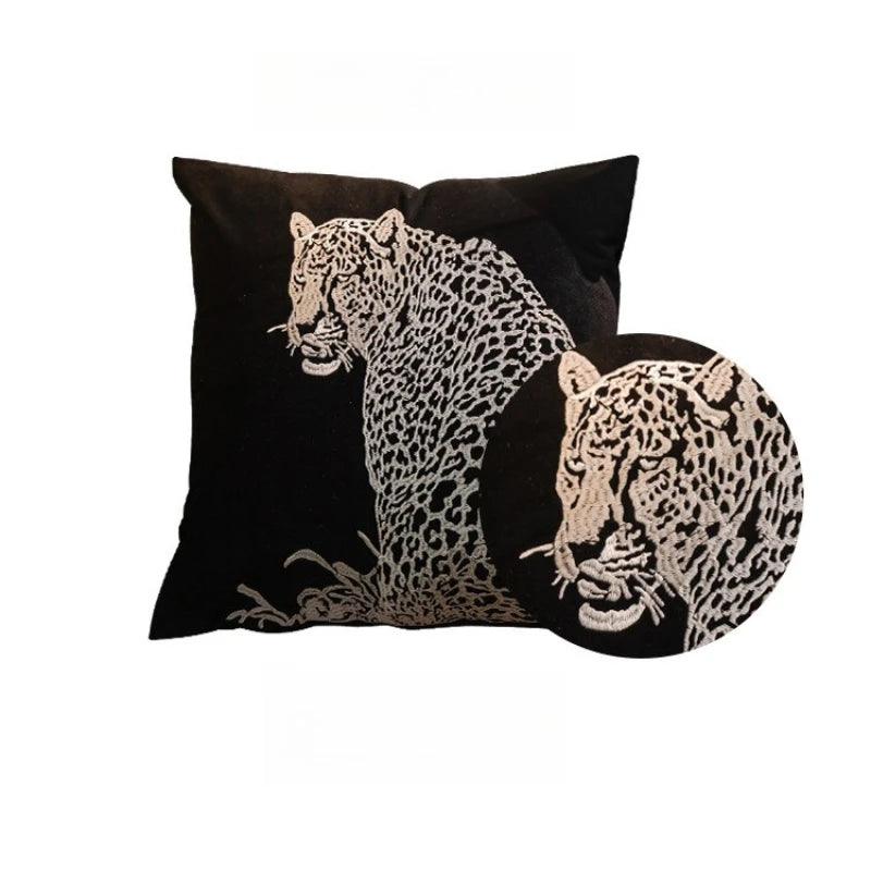 taie d'oreiller léopard brodé moderne 45x45cm noir blanc décoratif intérieur voiture chambre salon canapé