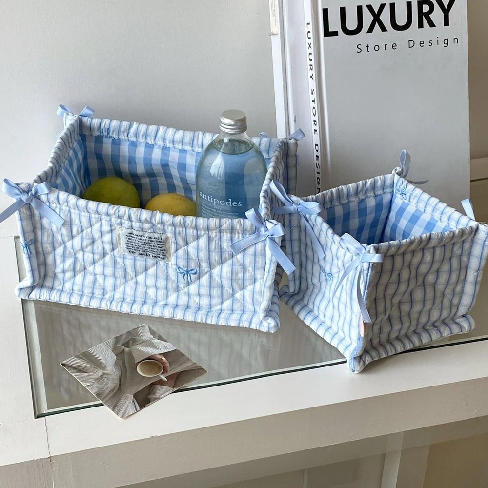panier rangement tissu polyestère bleu clair rayures horizontales pliable utilisation multiple moderne décoratif rubans