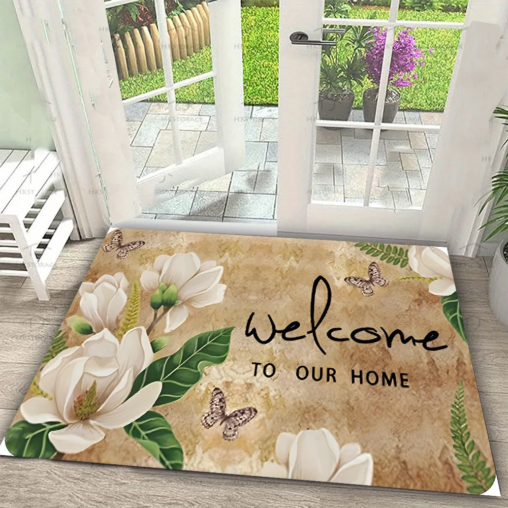 tapis d'entrée floral papillons bienvenue beige rose vert antibactérien antidérapant moderne
