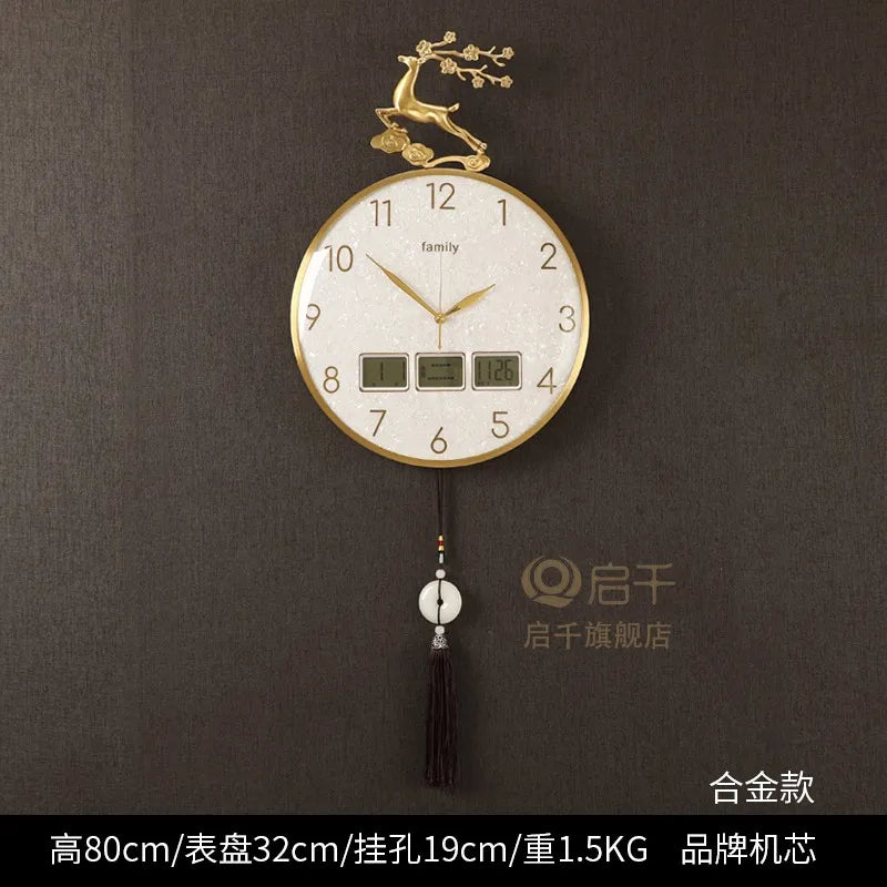 horloge murale moderne ornement cerf cadre doré aiguilles tissu noir pompon nouveau chinois