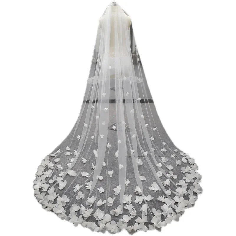 voile mariée blanc fleurs 3d classique cathédrale bord dentelle clips opaques