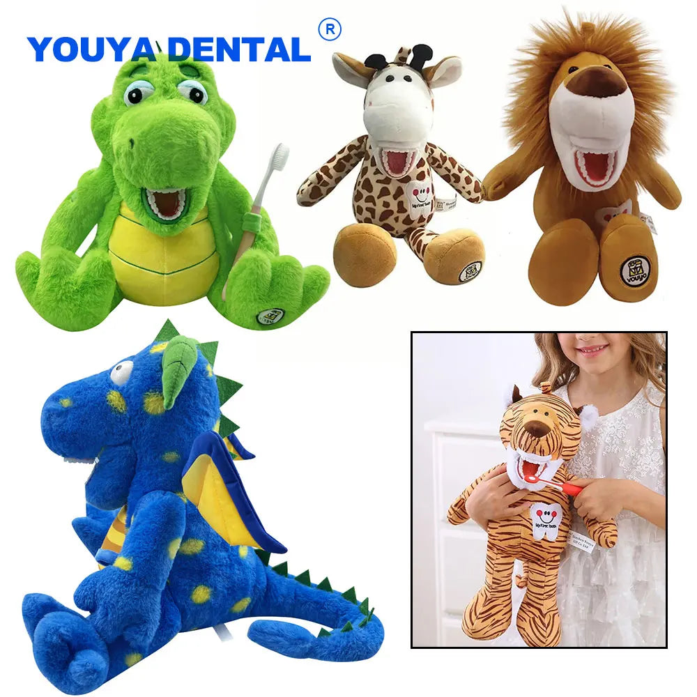 jouets peluche animaux tigre girafe lion dents brossage éducation cadeaux doux imitation dentistes