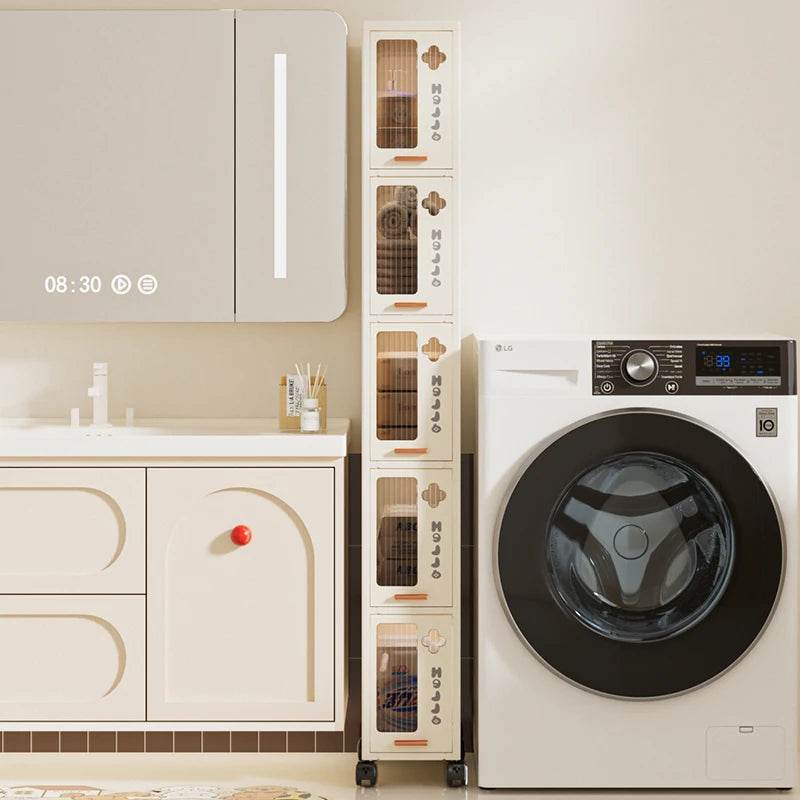 rangements beiges moderne étagères empilables roulettes serviettes bouteilles toilette minimalistes