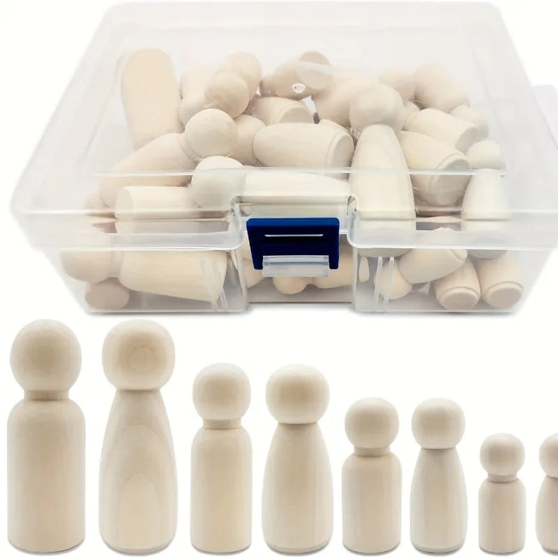 figurines bois peintes diverses couleurs boîte transparente artisanat décoration jouets enfants