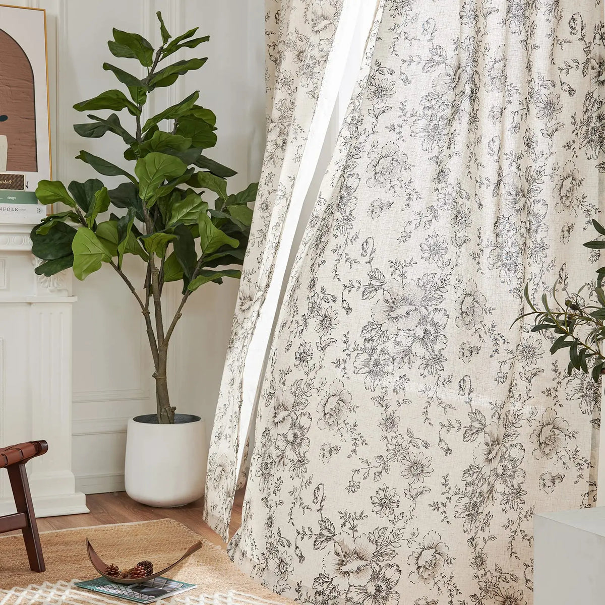 rideau fleur lin beige clair noir rustique romantique fenetre chambre coucher