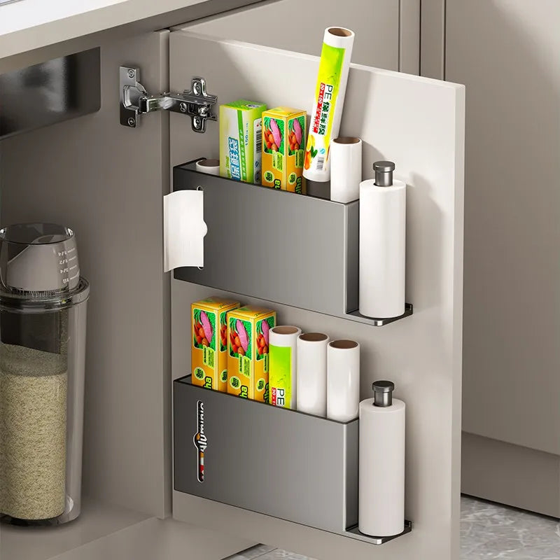 support mural rangement gris adhésif moderne compartiments rouleaux papier toilette boites conserve cuisine