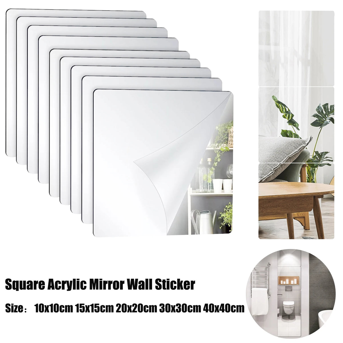 miroirs acrylique carrés transparents moderne adhésifs papier protecteur 10x10cm 15x15cm 20x20cm 30x30cm 40x40cm