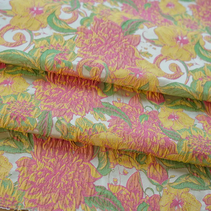 tissu polyester imprimé floral blanc rose jaune vert protection uv bricolage opacité largeur 144cm