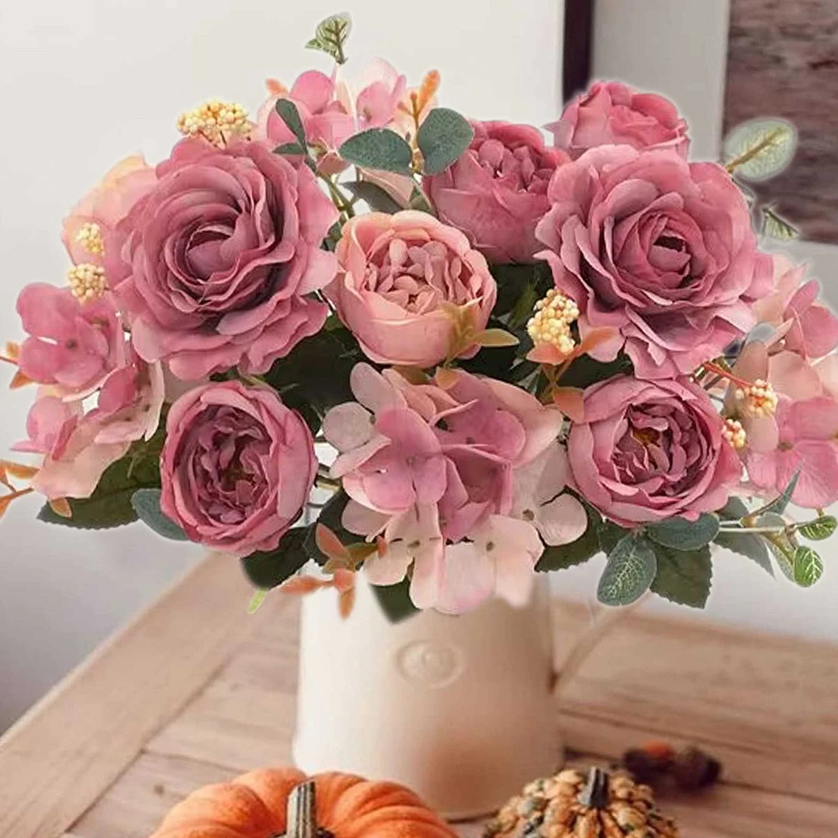 bouquet fleurs artificielles soie roses hortensias pivoines décoration mariage anniversaire intérieur moderne élégant