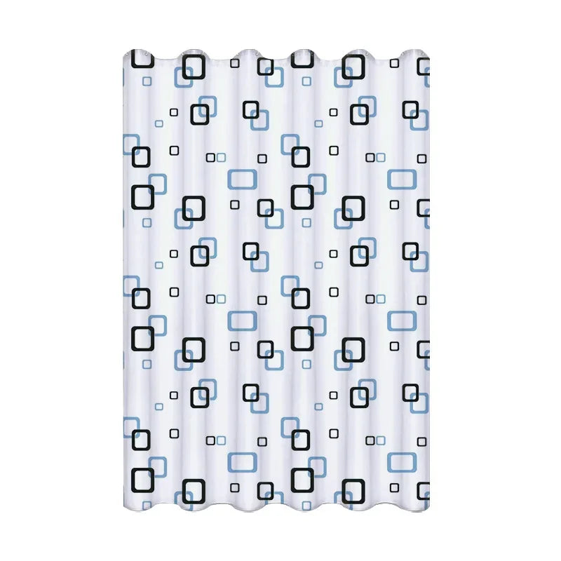 rideau douche moderne motif carré blanc noir bleu clair imperméable éva rapide séchage ourlet