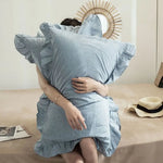 taies d'oreiller coton volants doux lit gris bleu vert rustique