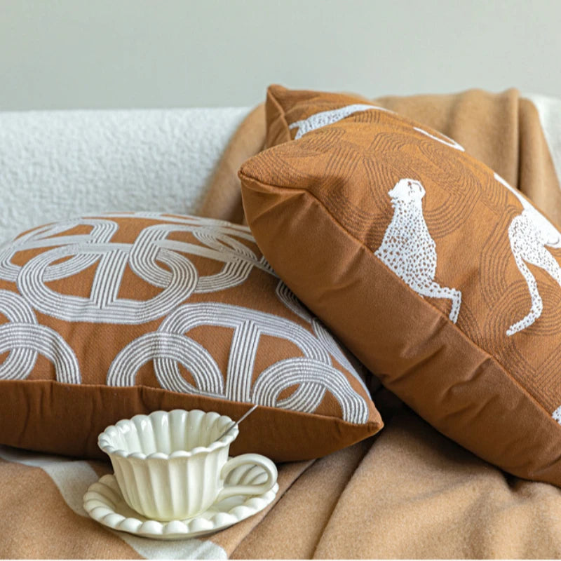 coussins brodés jacquard géométrique moderne marron clair beige nordique polyester face simplecoration voiture