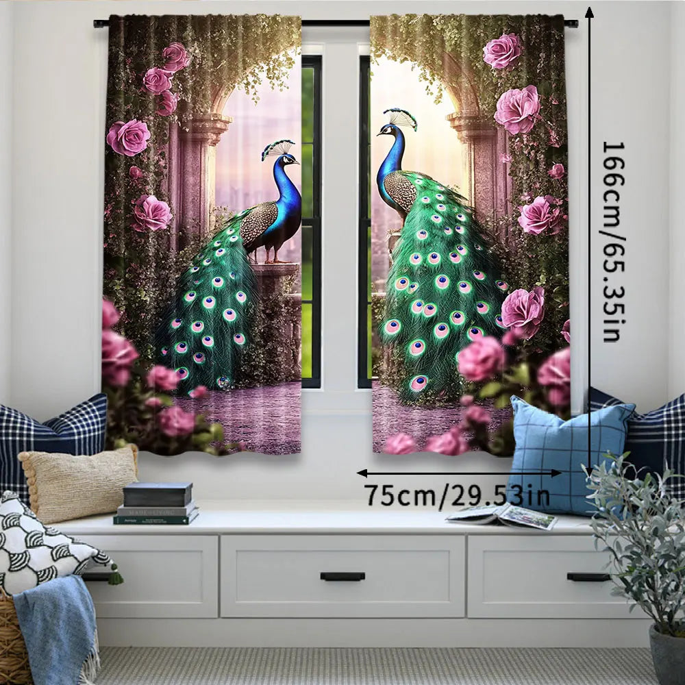 rideau classique paon roses feuilles vert bleu rose beige opacité chambre salon