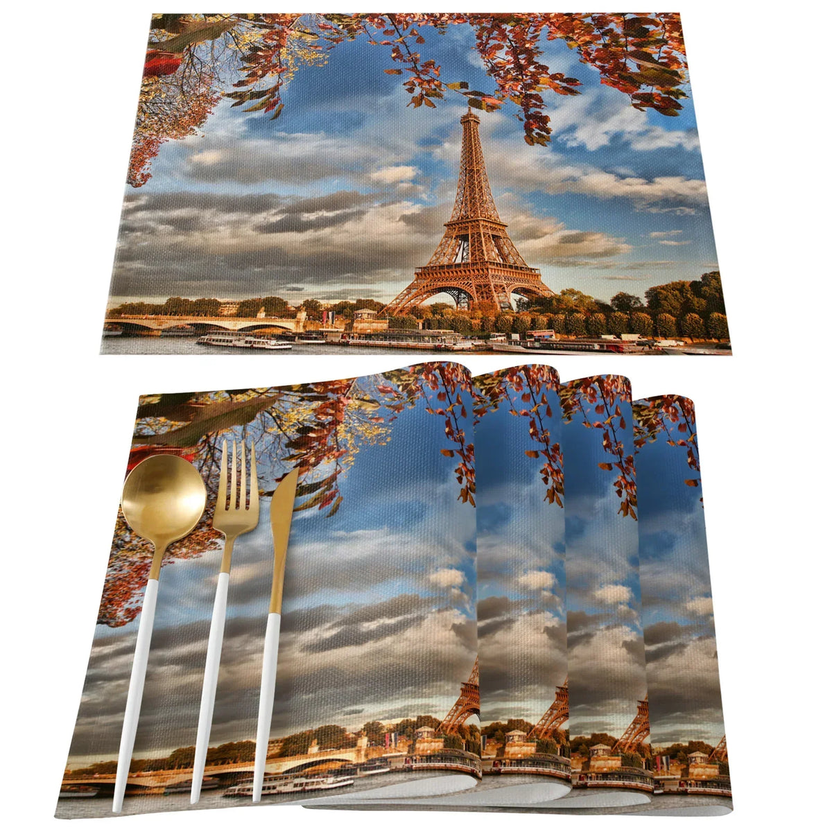 serviettes table imprimées tour eiffel fleurs cerisier moderne rose gris beige