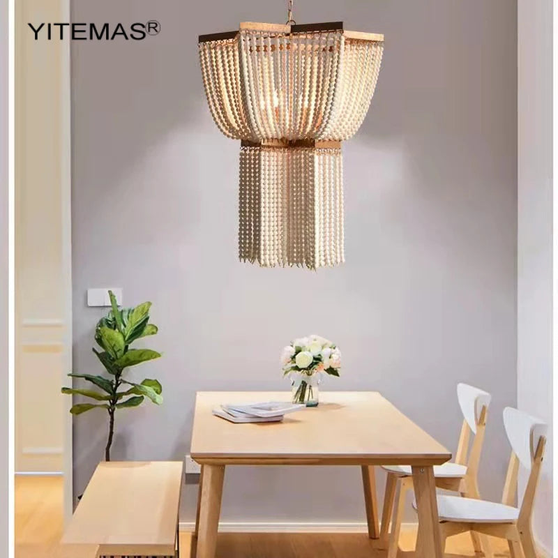 lampe suspendue bois blanc doré moderne vintage chaîne métallique e14 5sockets