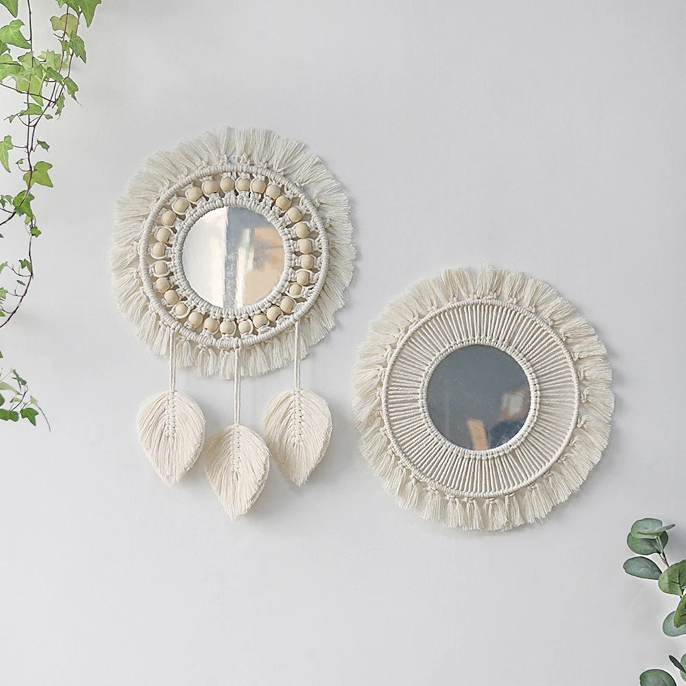 miroir mural rond macramé boho décoration intérieure blanc artisanal salon chambre