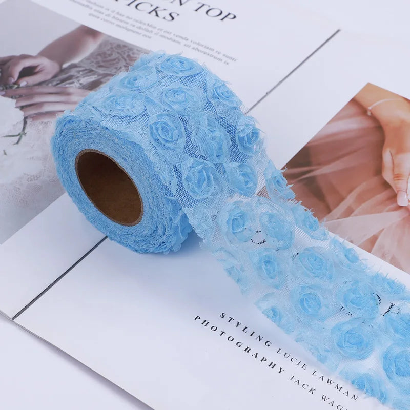 ruban décoratif fleurs relief rose bleu blanc opacité romantique coeur papillon strass