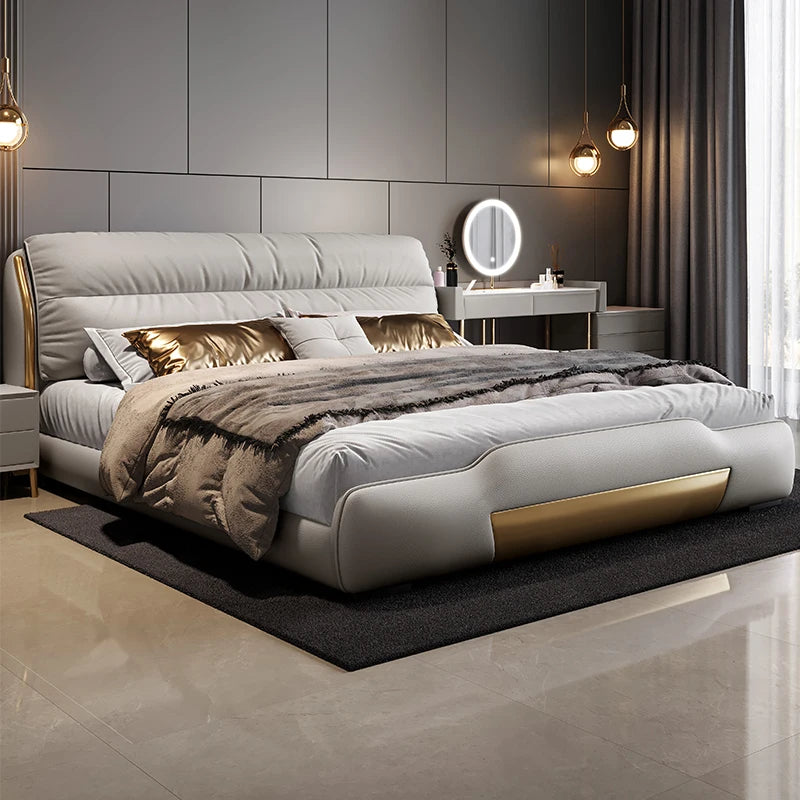 lit moderne simili cuir doux beige doré élégant chambre coucher minimaliste