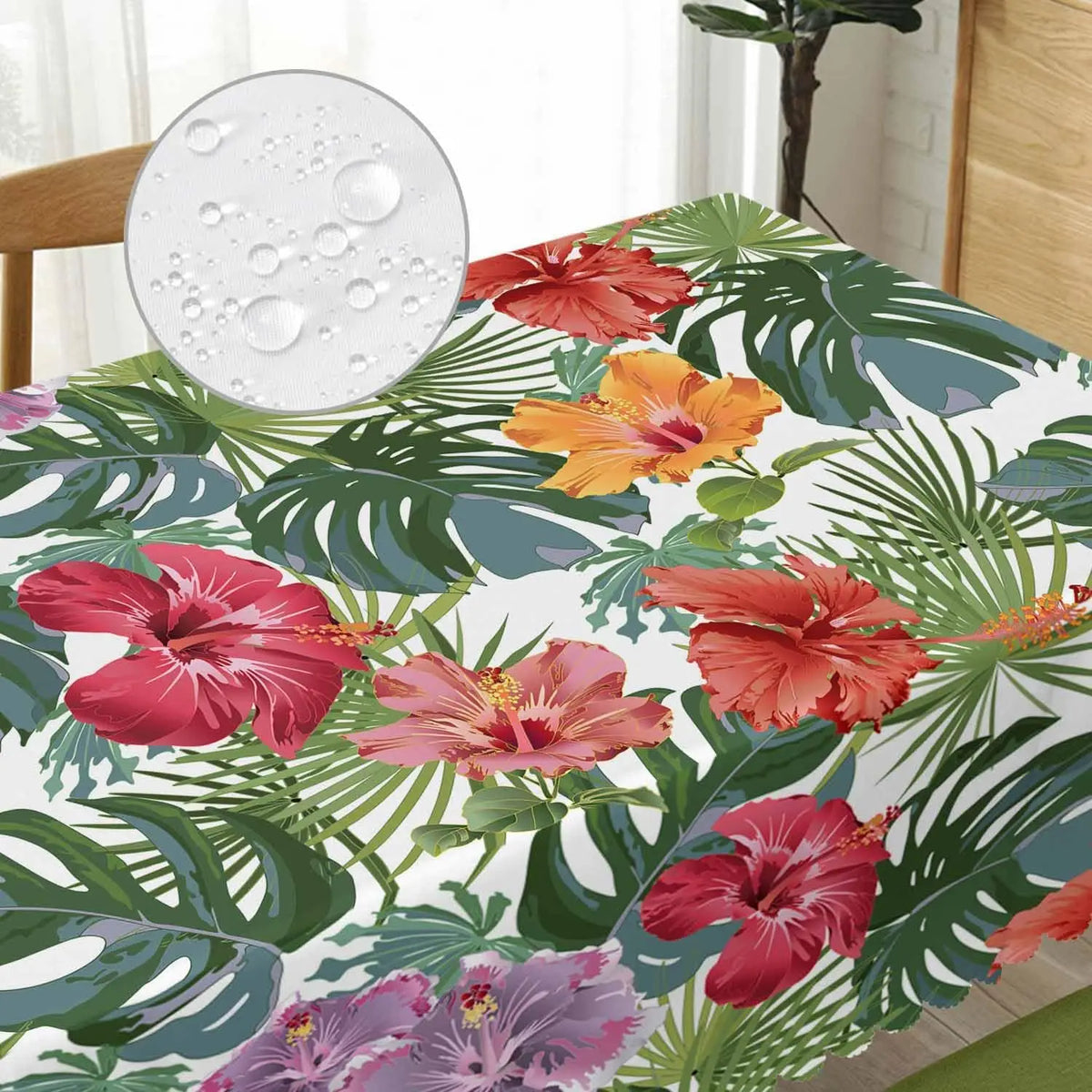 nappe imperméable réutilisable fleurs tropicales moderne verte rouge orangée table manger polyester