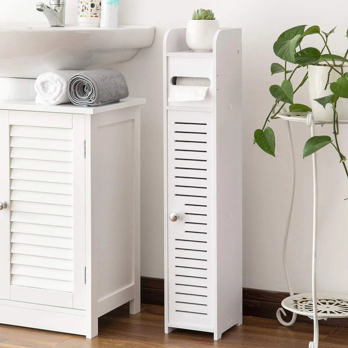 meuble rangement blanc moderne porte lattée compartiment papier toilette étagère mobile