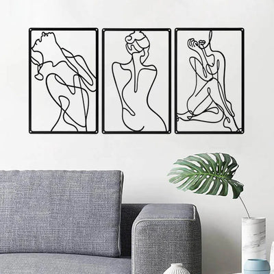 Sculpture murale femme métal noir ensemble 3 pièces vue d'ensemble
