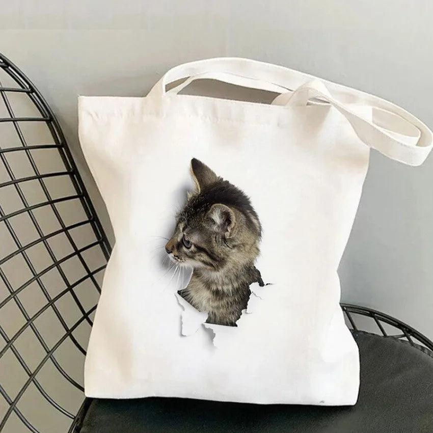sac bandoulière toile imprimé chats blancs moderne décontracté sans fermeture éclair deux poignées détachables