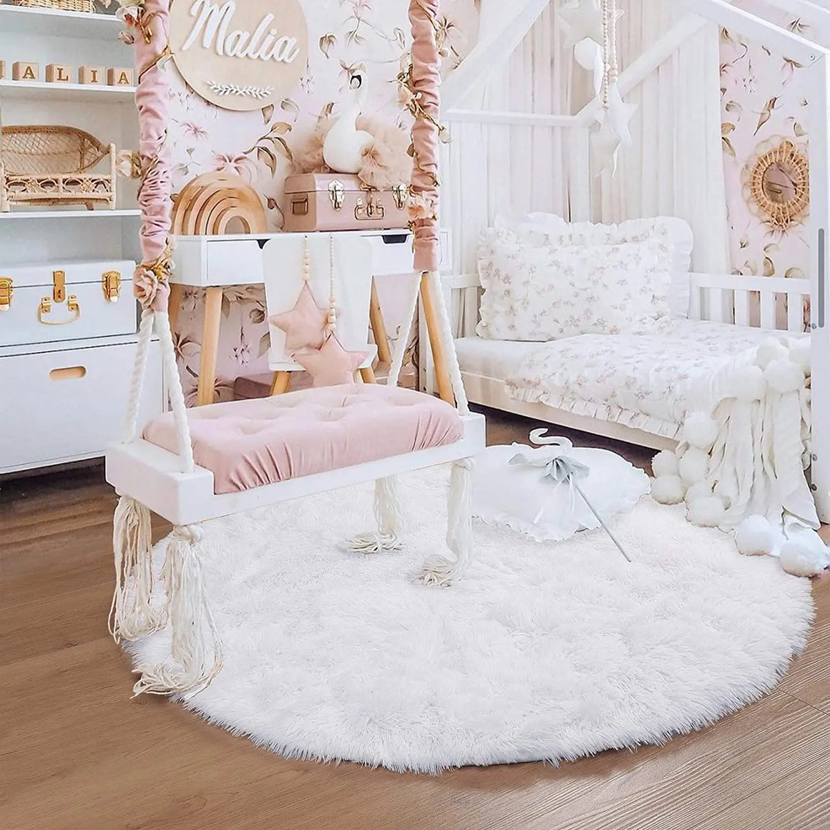 tapis rond pelucheux rose moderne chambre enfants 100cm 120cm 140cm 160cm