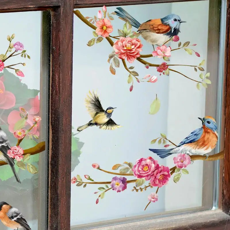 sticker decoratif fleurs oiseaux aquarelle nature pvc fenetre 30x60cm marron blanc vert rose orange