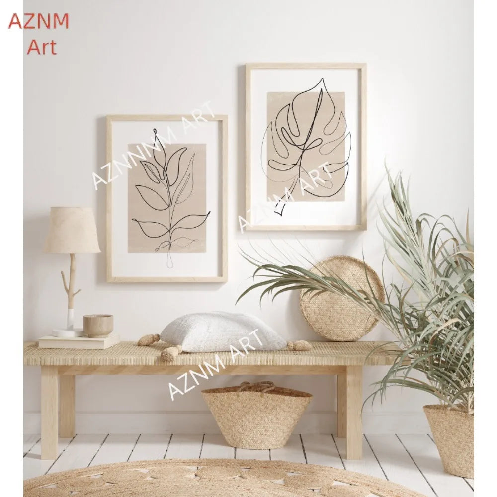 affiches art abstrait feuilles minimaliste toile clips cadre bois chambre salon decoration