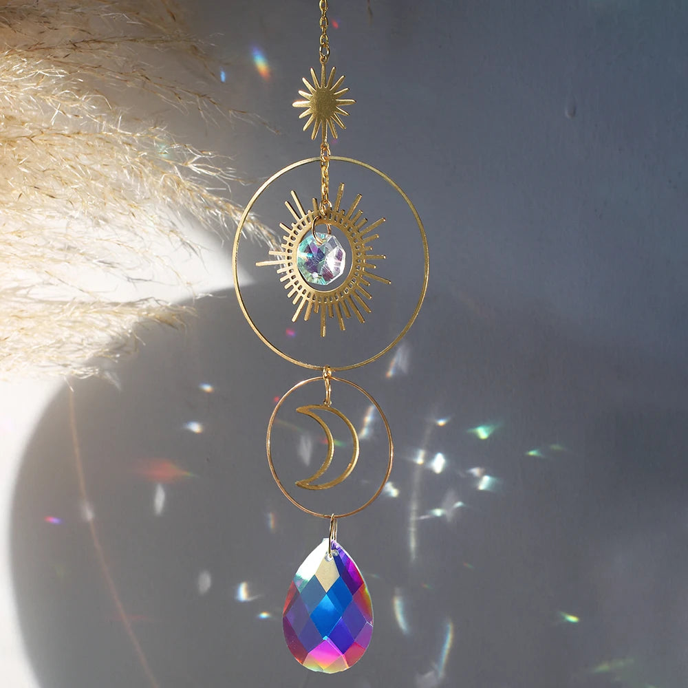 suspension décorative attrape soleil cristal lune soleil étoiles boho extérieur intérieur or transparent