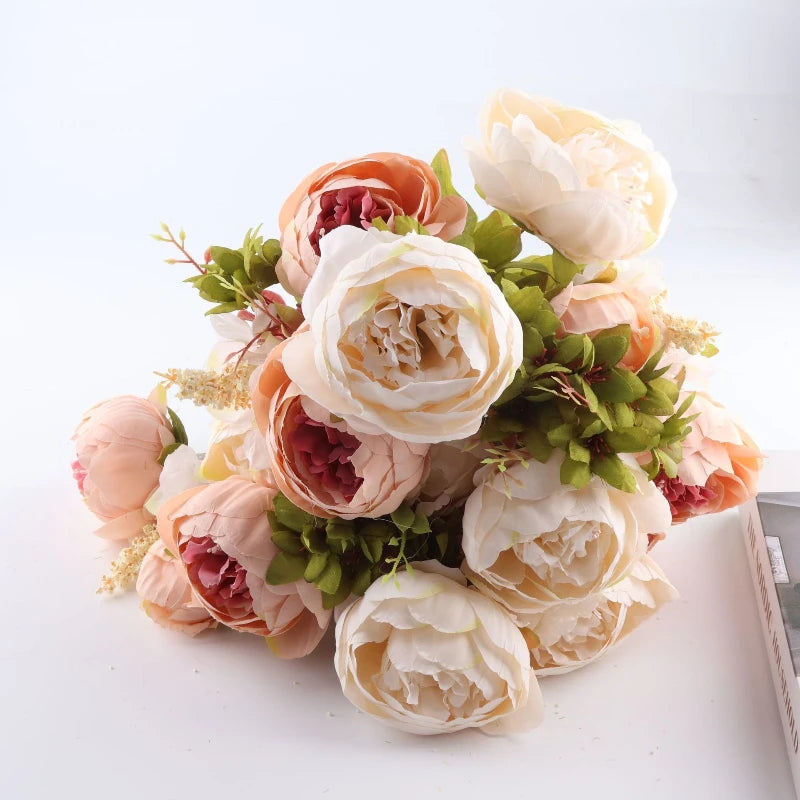 Bouquet artificiel pivoines blanc rose vert romantique intérieur décoration maison 13 branches fleurs