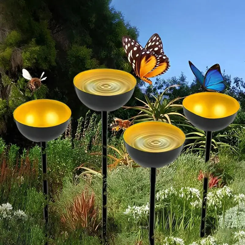 station d'eau abeilles moderne rouge jaune noire ronde brillante crochet métallique jardin deco