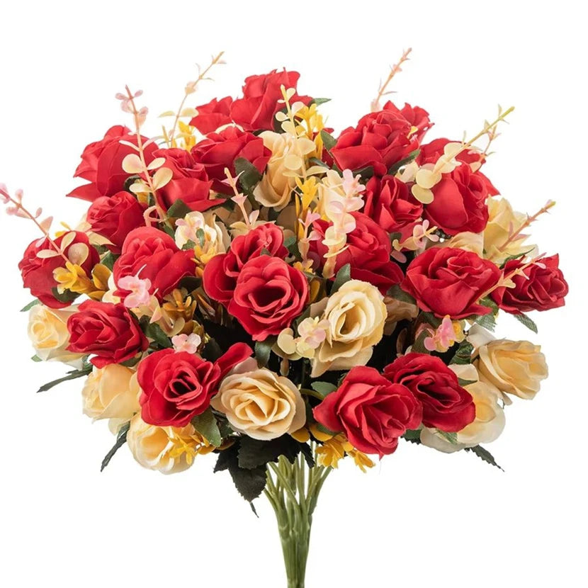 décoration maison bouquet fleurs artificielles rouge crème bleu vert extérieur champêtre