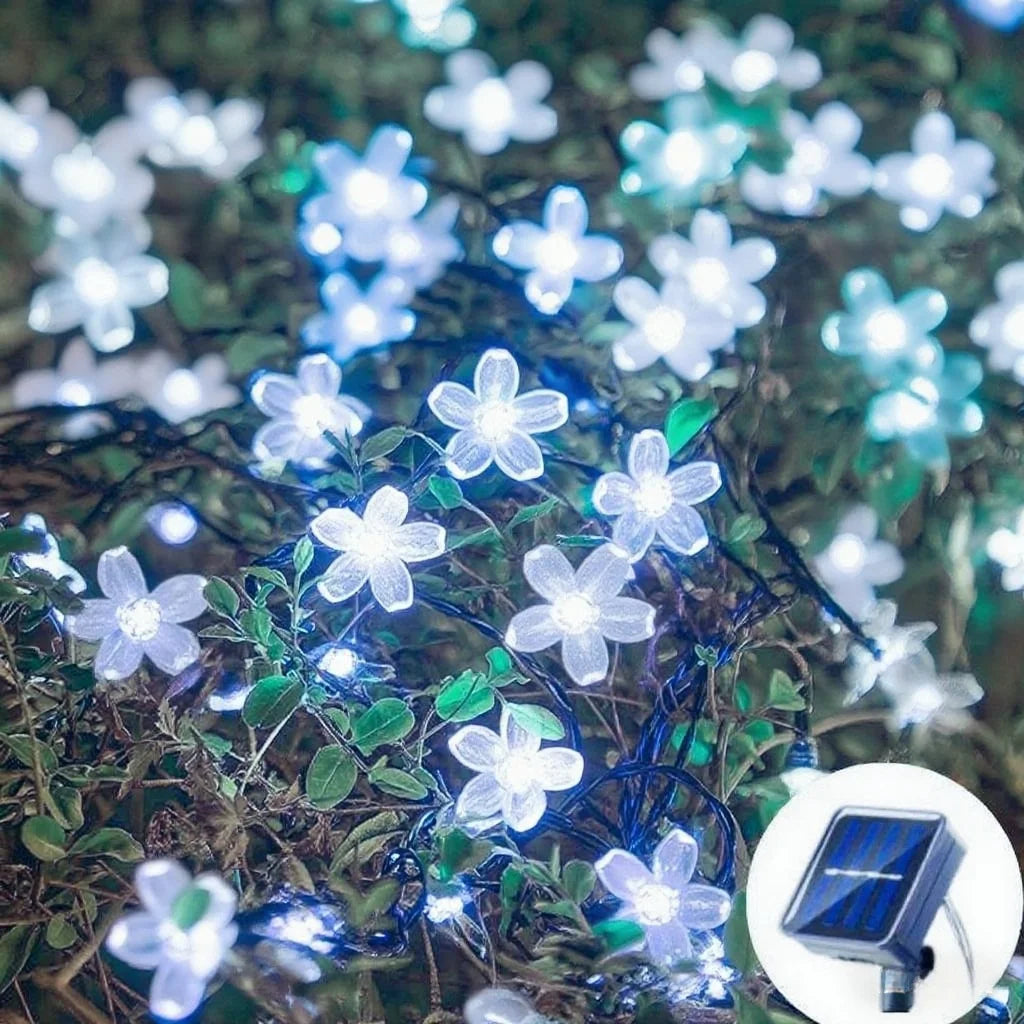 guirlande lumineuse solaire fleurs stylisées moderne bleu orange blancextérieur ip65 led modes festive decoration
