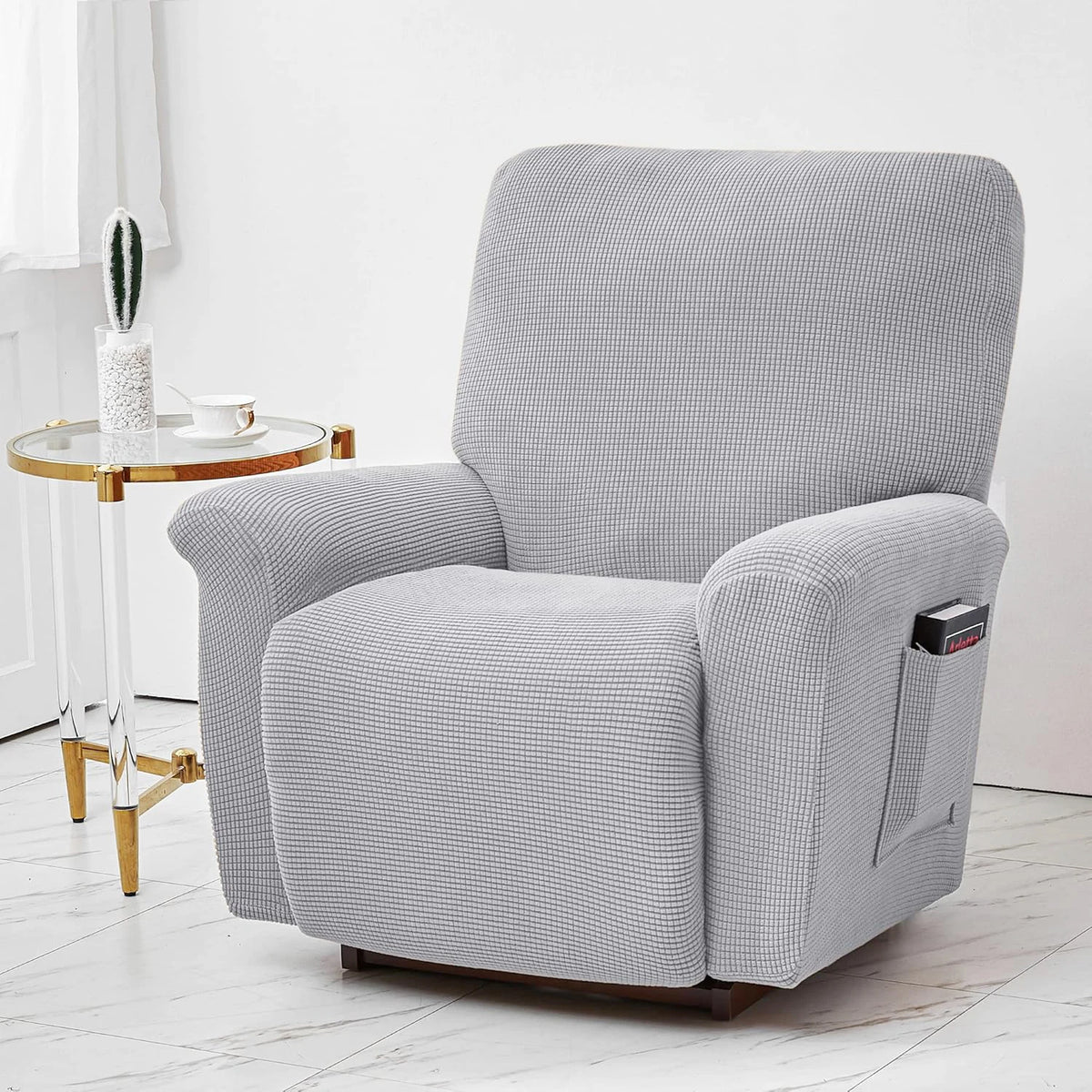 Housse fauteuil inclinable bleu noir gris jacinquée extensible moderne poche adhésif lavage machine